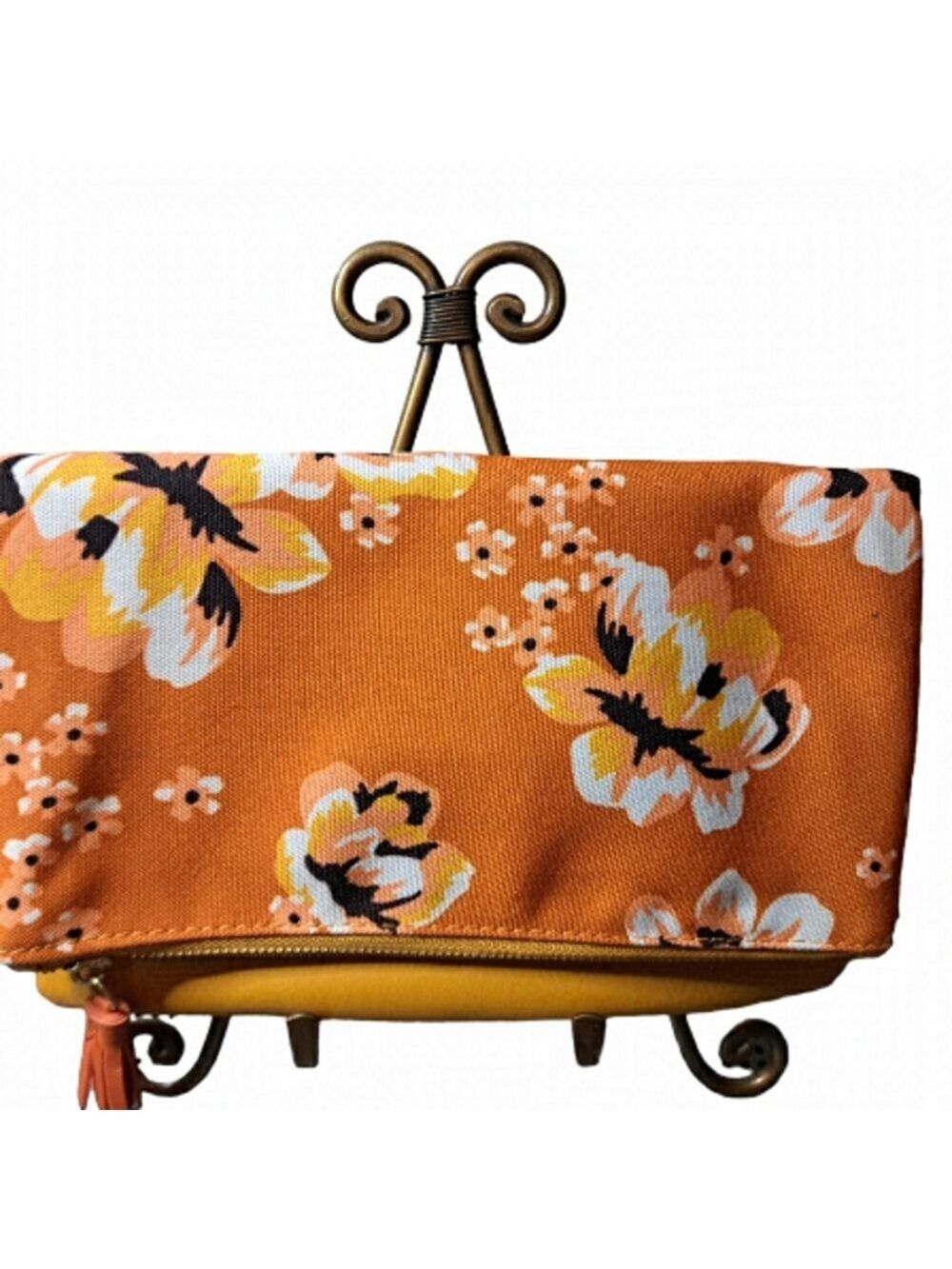 RACHEL PALLY FLORAL fold over reversible zip clutch purse pouch  tassel orange